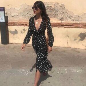 Realisation Par Size Medium Black & White Polka Dot Long-Sleeve Wrap Midi Dress